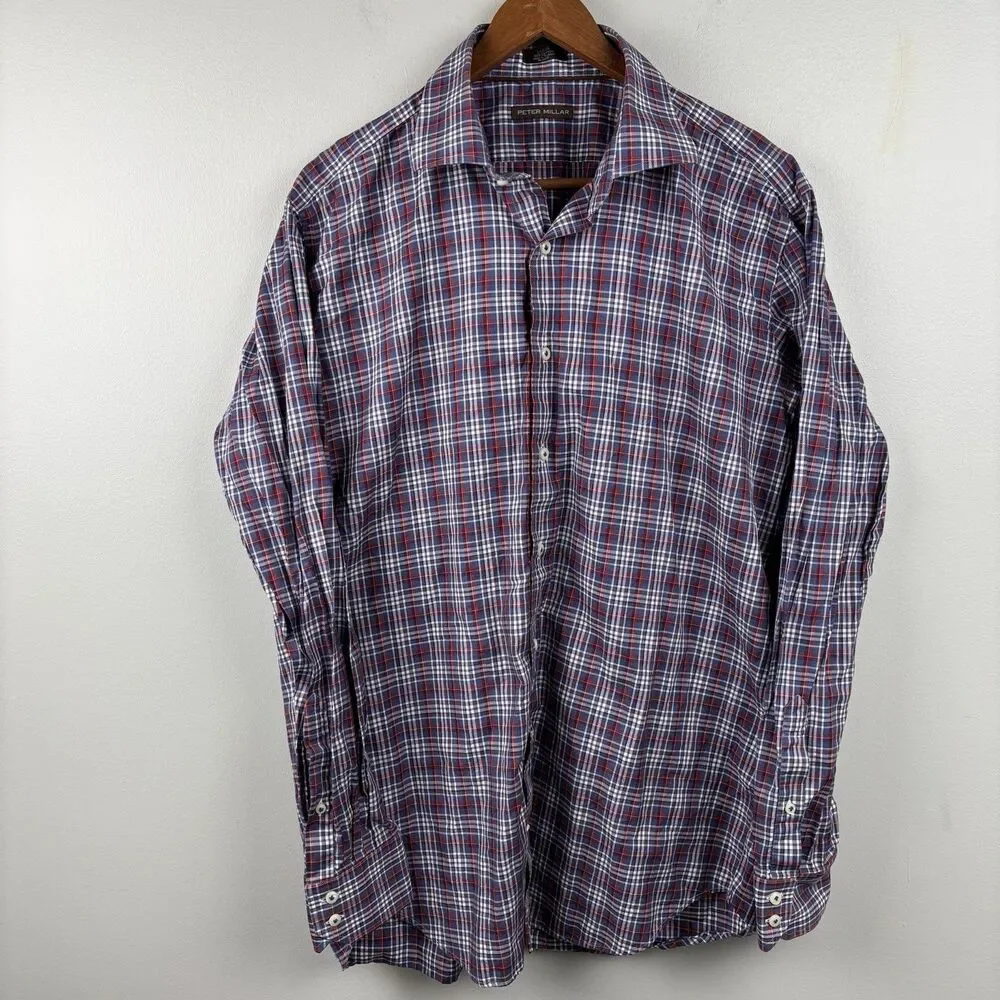 Peter Millar Button Up Shirt men’s Large blue Red White Plaid Long Sleeve Casual